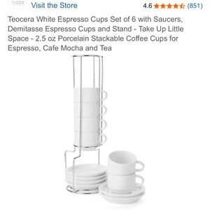 Teocera White Espresso Cups Set of 6 with Saucers, and Stand, 2.5 oz